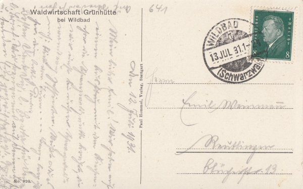 AK - Bad Wildbad / Waldwirtschaft Grünhütte - von 1931 / - 2440 -
