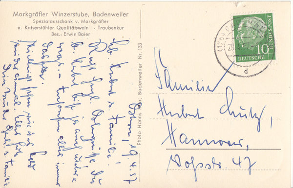 AK - Badenweiler / Markgräfler Winzerstube - von 1957 / - 2475 -